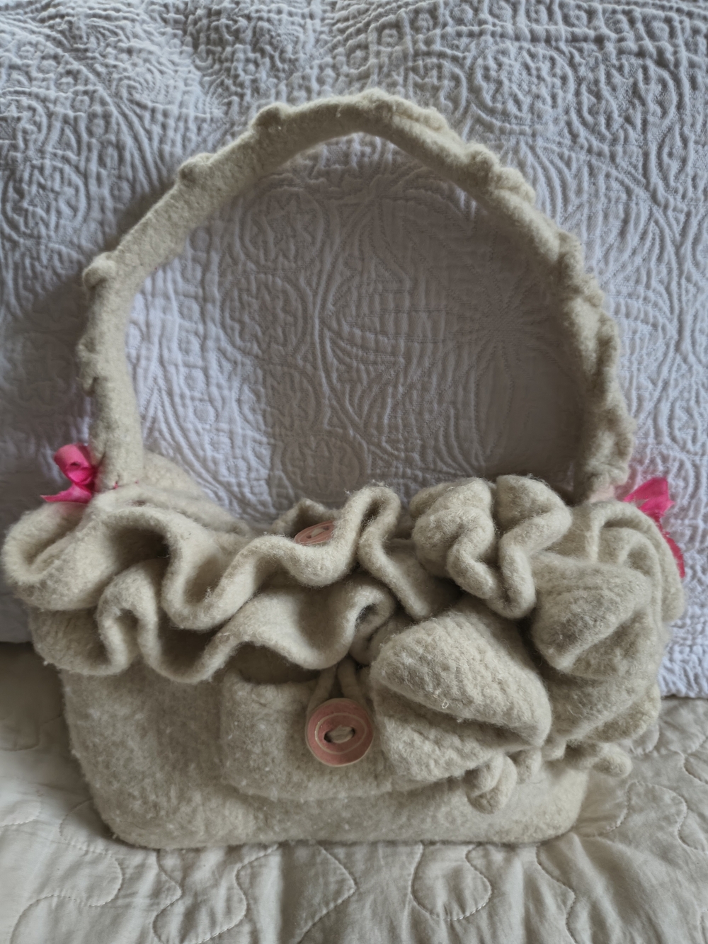 Women's Cream Ruffle Hand Felted Handbag with Pink Accents